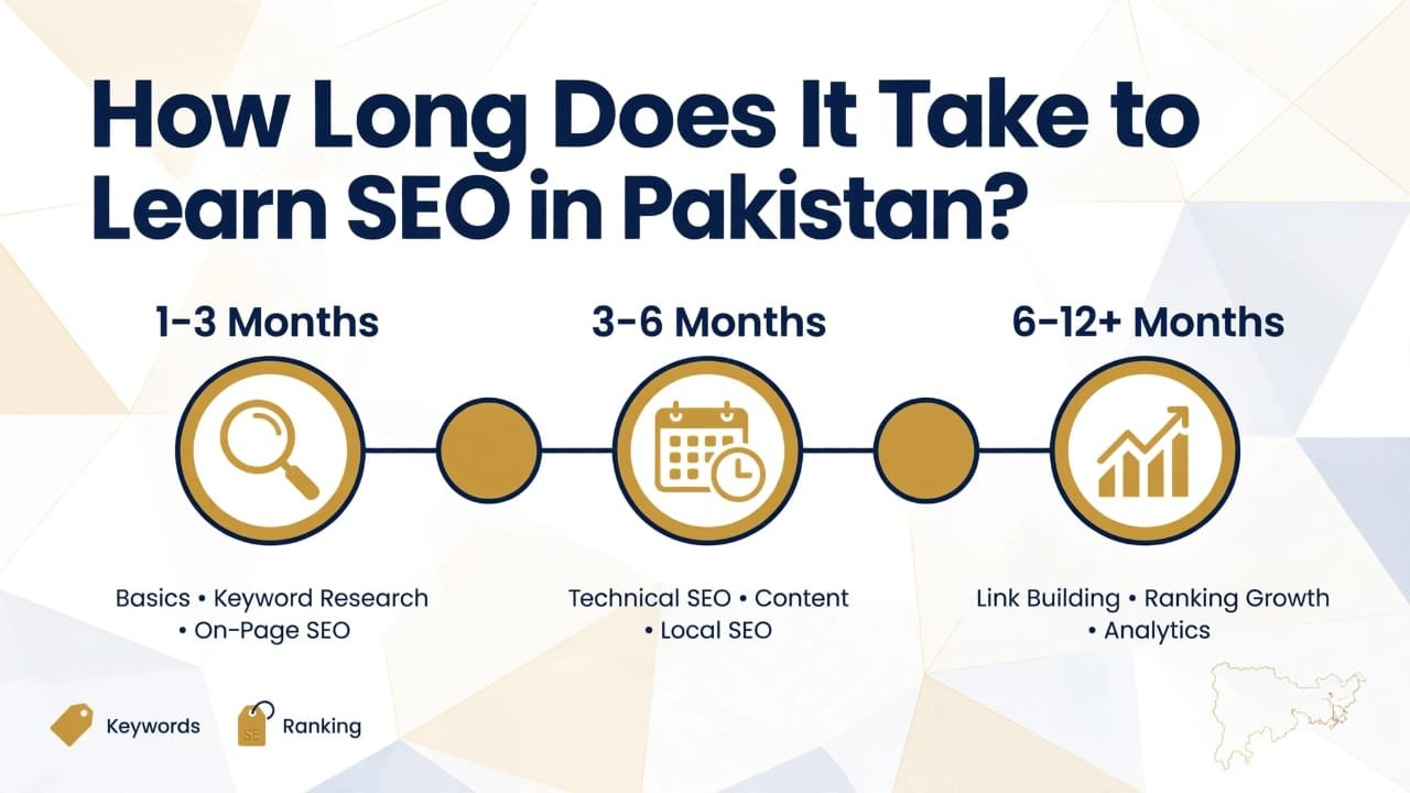 How Long Does It Take to Learn SEO in Pakistan? Timeline graphic showing 1-3 months for basics and keyword research, 3-6 months for technical and local SEO, and 6-12+ months for link building, analytics, and ranking growth.