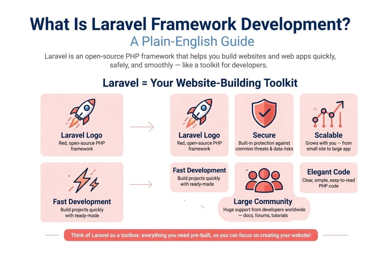 Infographic guide explaining Laravel as an open-source PHP framework and website-building toolkit, highlighting its security, scalability, fast development, and community support.