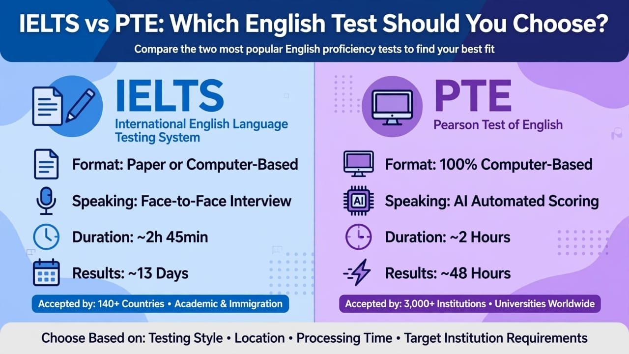 Comparison chart between IELTS and PTE English proficiency tests showing format, duration, and scoring differences.