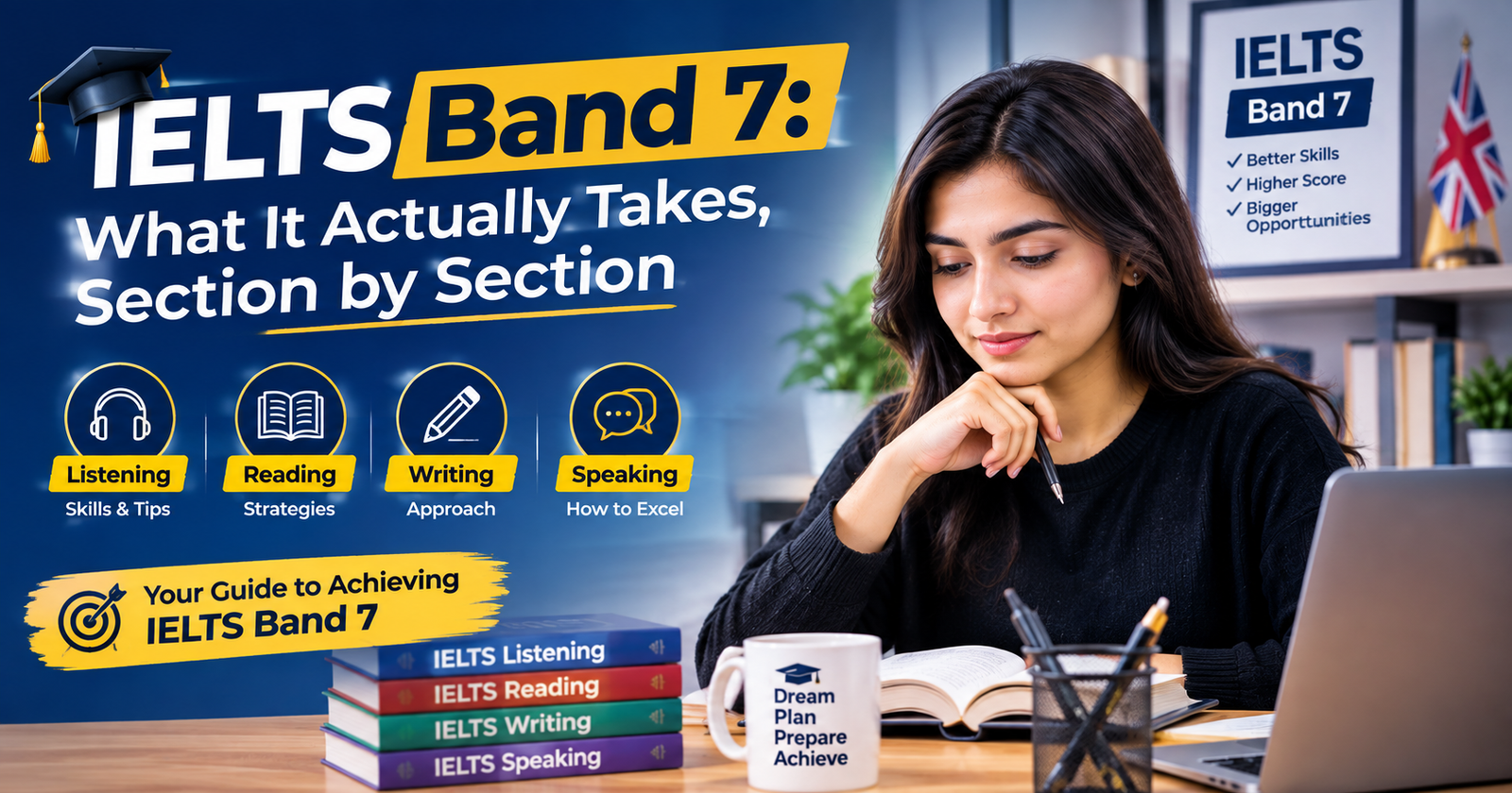 A young woman preparing for IELTS with books and a laptop, representing Listening, Reading, Writing, and Speaking skills and the goal of achieving IELTS Band 7.