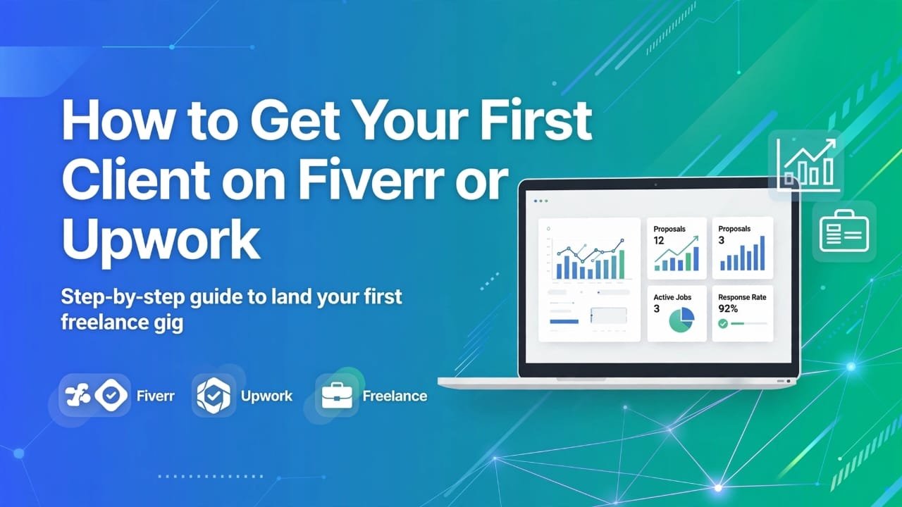 How to Get Your First Client on Fiverr or Upwork guide cover image showing a laptop with freelancing analytics dashboard
