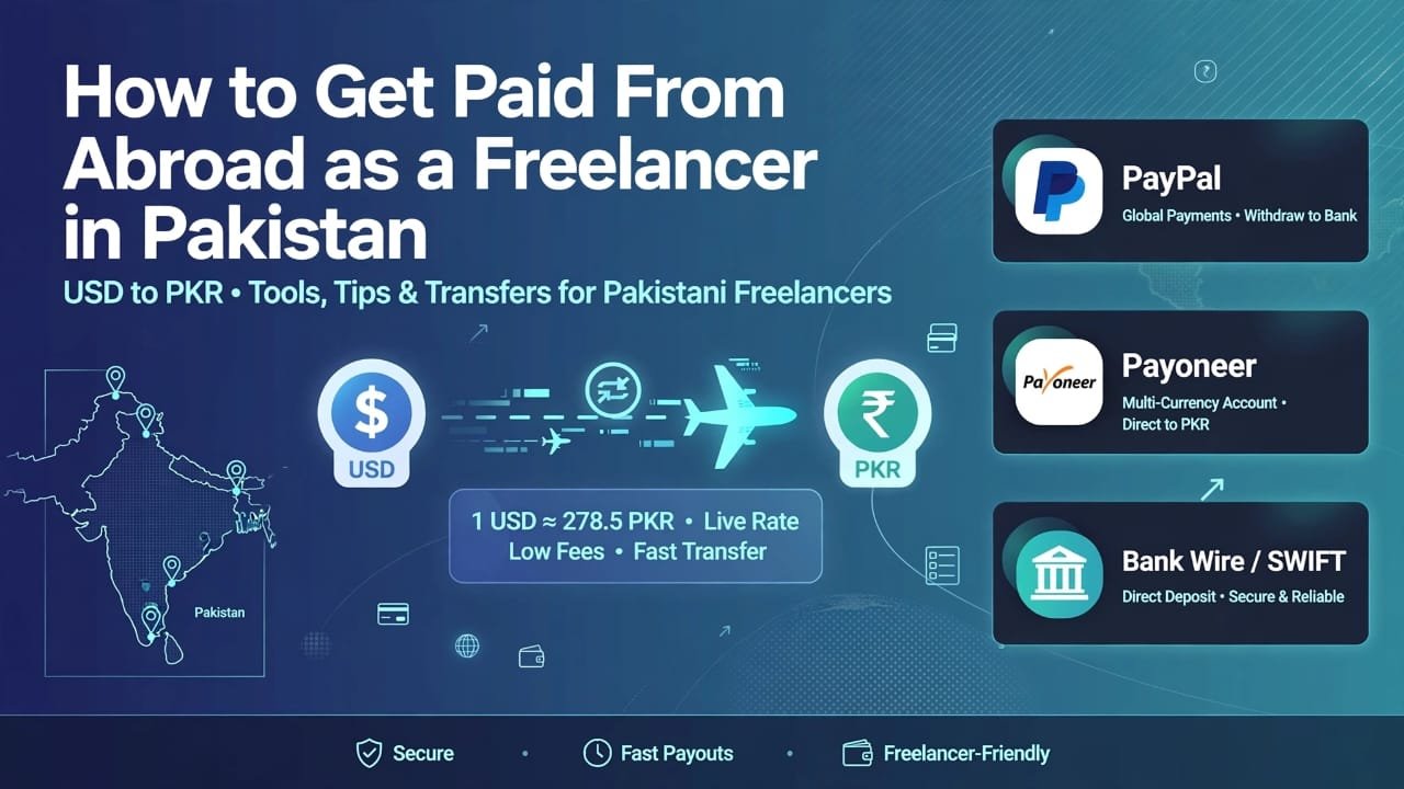 Guide graphic titled 'How to Get Paid From Abroad as a Freelancer in Pakistan' showing PayPal, Payoneer, and Bank Wire transfer options.