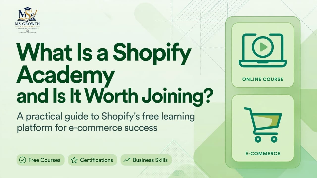 MS Growth Academy banner asking 'What Is a Shopify Academy and Is It Worth Joining?' with details on free courses, certifications, and business skills.