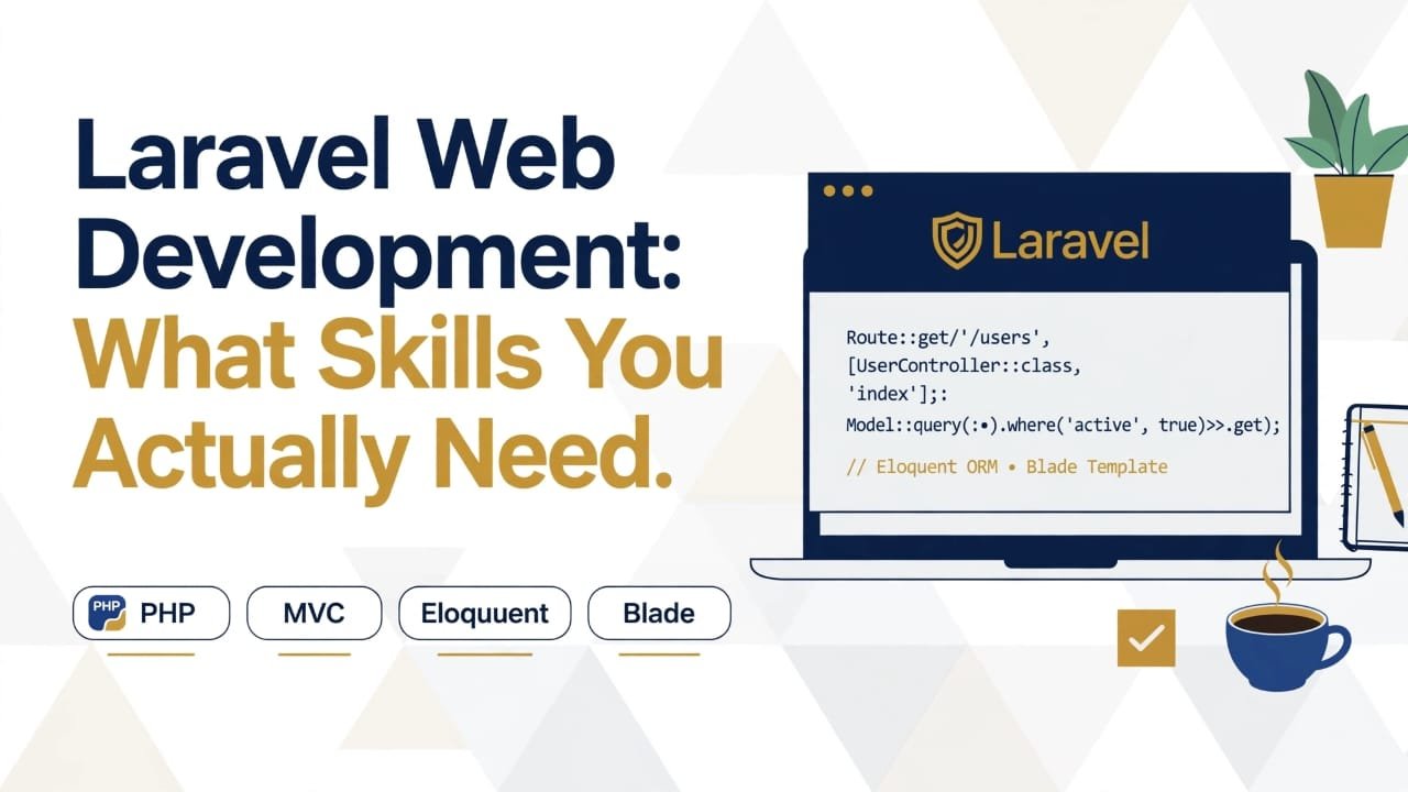 Laravel Web Development: What Skills You Actually Need: Graphic featuring a laptop with Laravel code, highlighting essential skills like PHP, MVC, Eloquent, and Blade.
