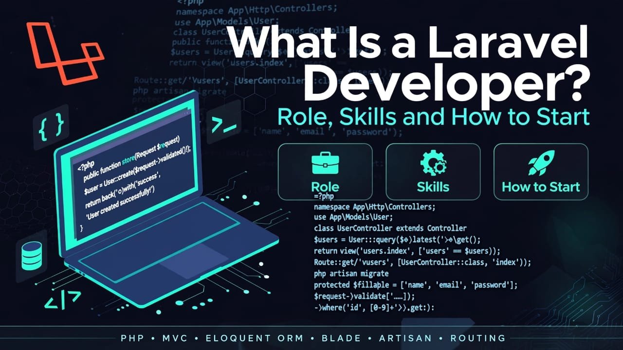 What Is a Laravel Developer? Role, Skills, and How to Start guide banner with PHP code graphics.