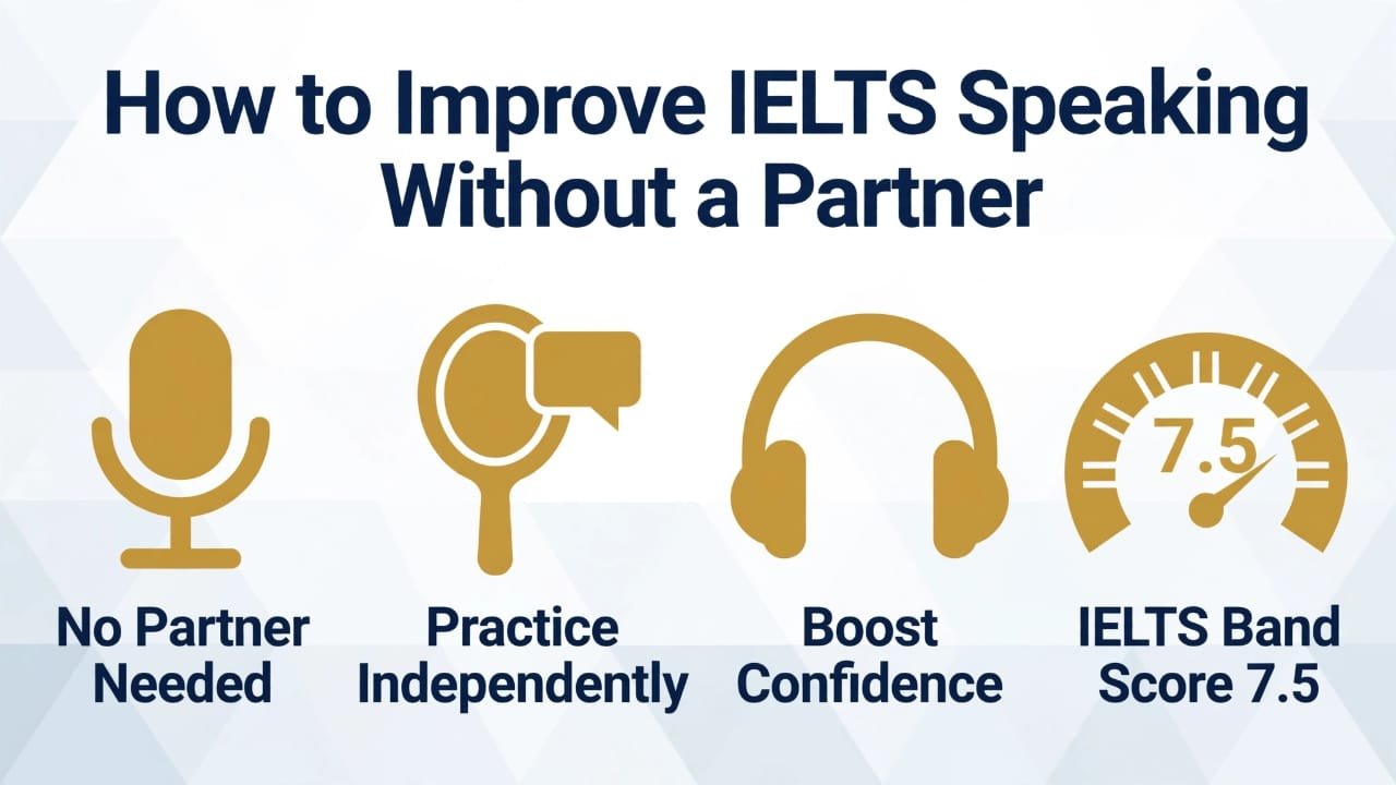 How to Improve IELTS Speaking Without a Partner: Graphic highlighting independent practice, confidence building, and achieving an IELTS Band 7.5.