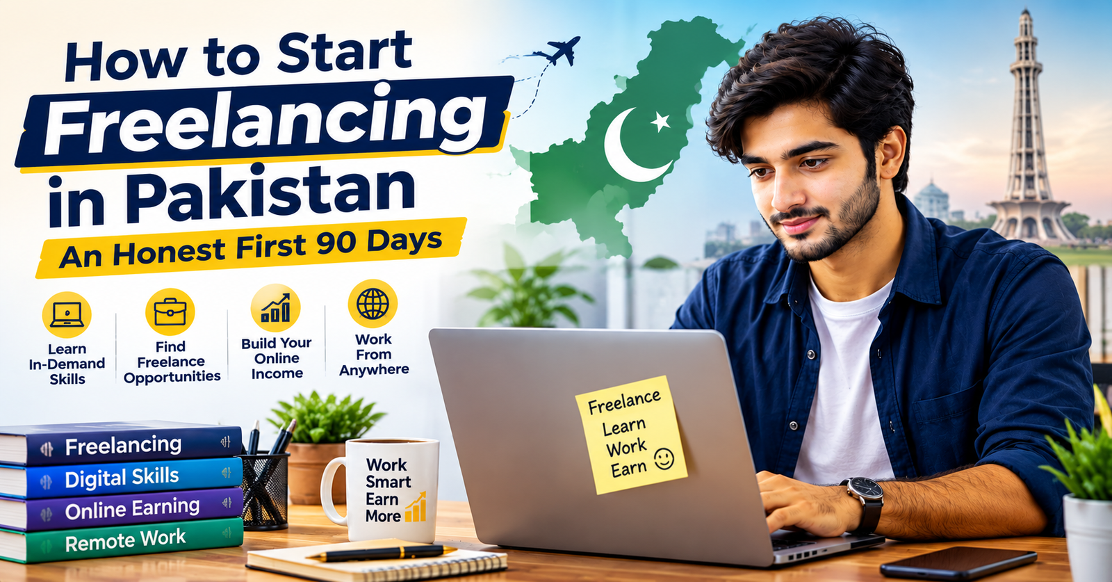 A young Pakistani freelancer working on a laptop at a desk, representing freelancing, remote work, and online earning. Professional modern workspace with a clean and positive look.