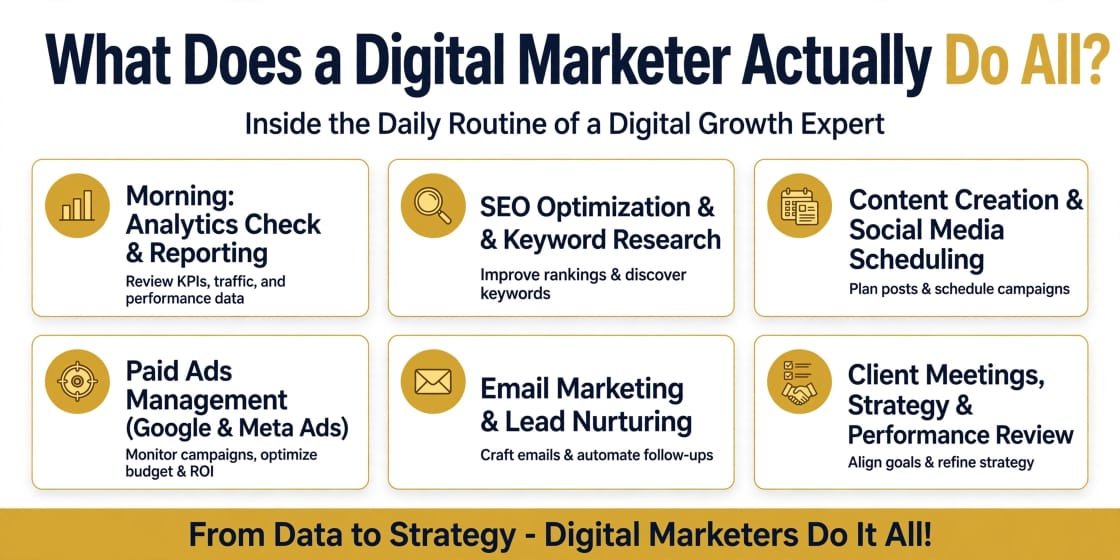 Infographic detailing the daily responsibilities and routine of a digital growth expert and marketer